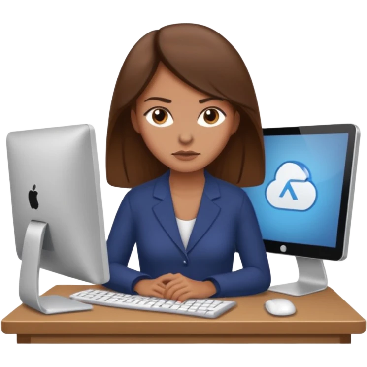 Uma mulher de cabelo castanho que é professora e um pouco brava a trabalhar no computador sem usar óculos emoji