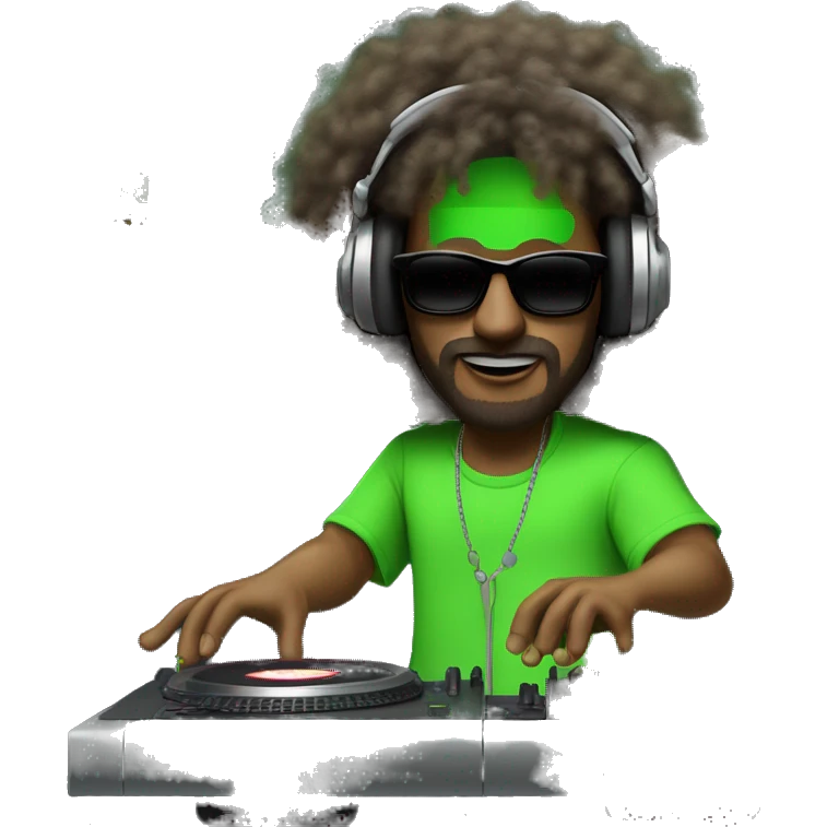 tall white dj man with long frizzy hair, shades, headphones and an electric green shirt on that says “CHANTS”, on a mixer turntable emoji