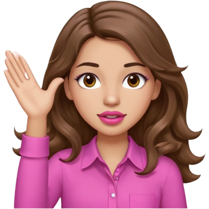 girl with long wavy brown hair, brown eyes, light to medium complexion, in a pink shirt, pink lips, long lashes, puckered lips, both hands in teh air emoji