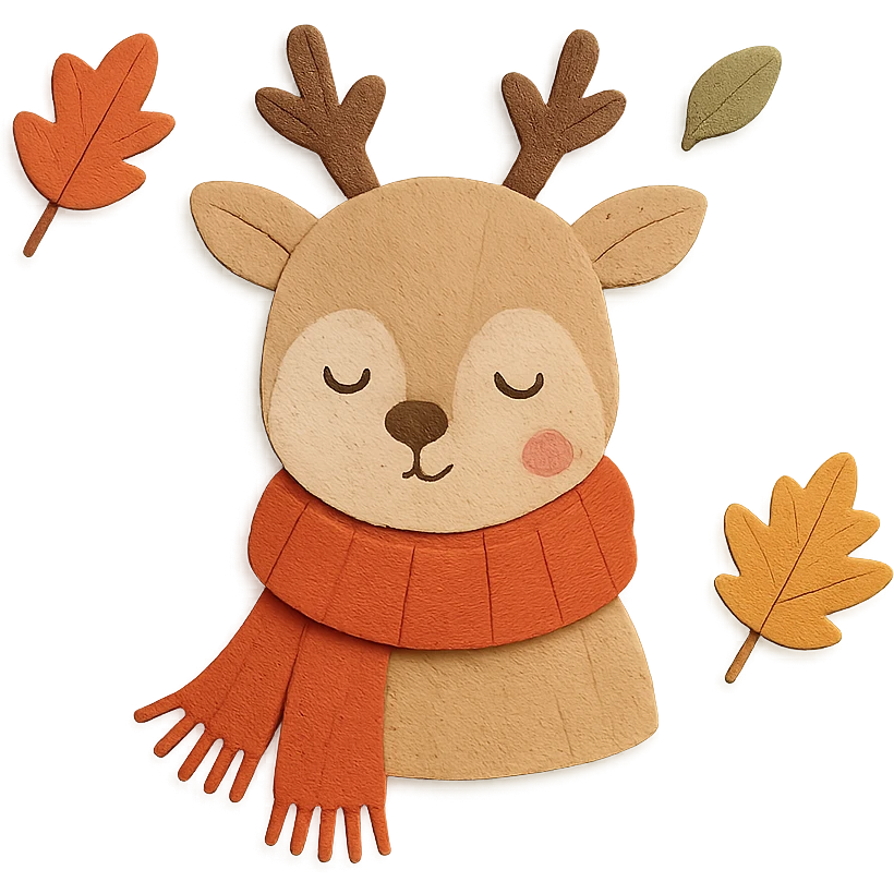 deer in a wooly scarf among falling leaves, cozy fall palette, paper-craft style emoji