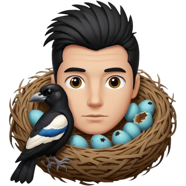 A man who has hair on the top of his head, that is actually an Australian Magpie, birds nest. emoji