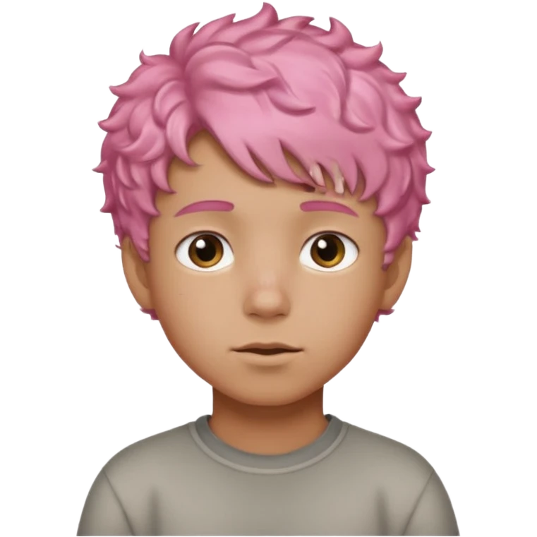 boy with short, curly pink hair, light brown skin, and a neutral facial expression. emoji