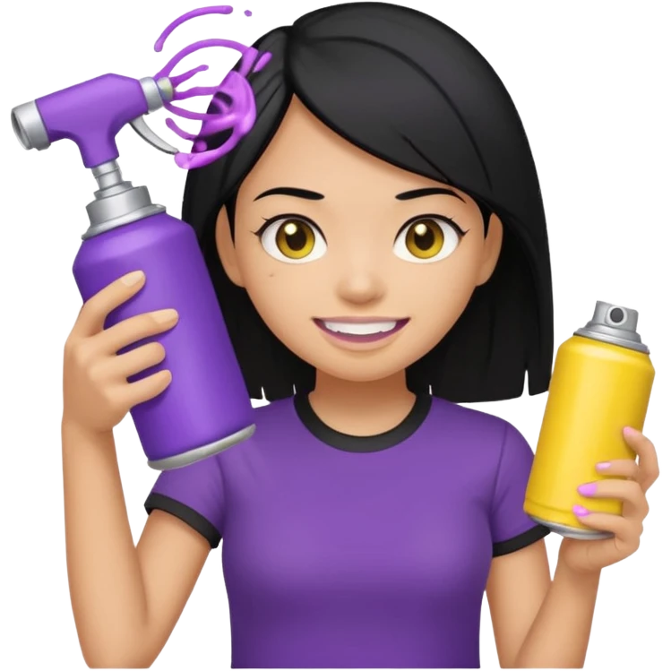 a girl with black hair, yellow teeth, black t-shirt, holding just a purple and silver spray can, no other items, genmoji emoji style, reference the attached can emoji