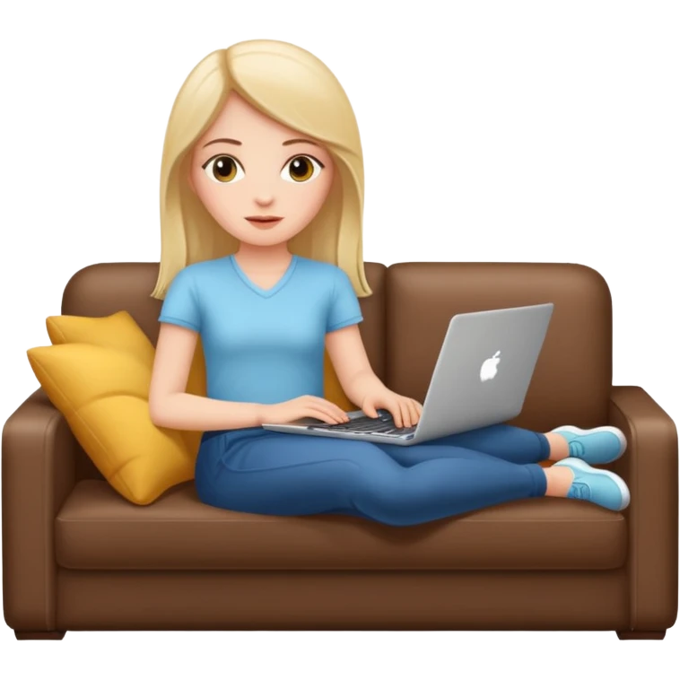 A white girl is lying on a sofa with a laptop emoji