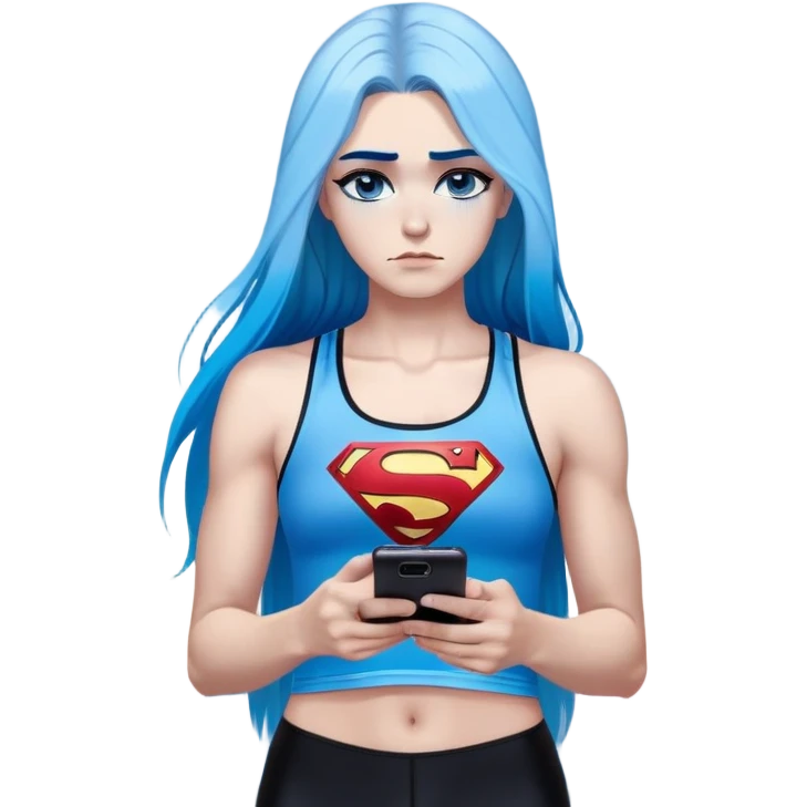 Shameful disappointed crying-very very very very big chest-texting on a samsung cell phone-very long straight flowing black to sky blue hair ombre-blue eyes-black eyeliner-long eyelashes-plastic sparkling sky blue very low cut tank top with sparkling superman logo-black leggings-nike sneakers emoji
