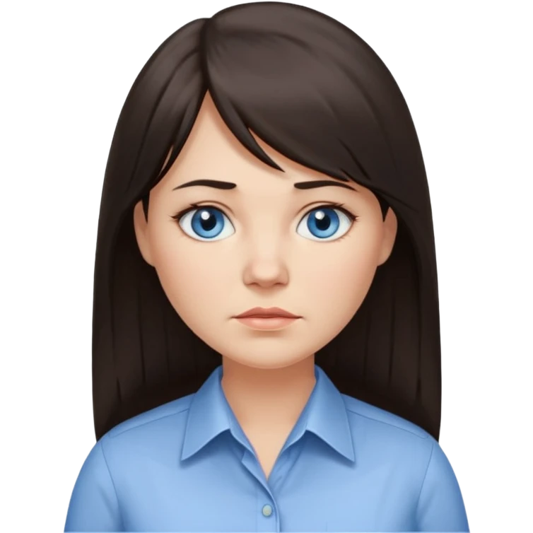 40 yr old woman, blue eyes, long straight dark brown hair, business shirt, chubby, bangs, long hair, tired emoji