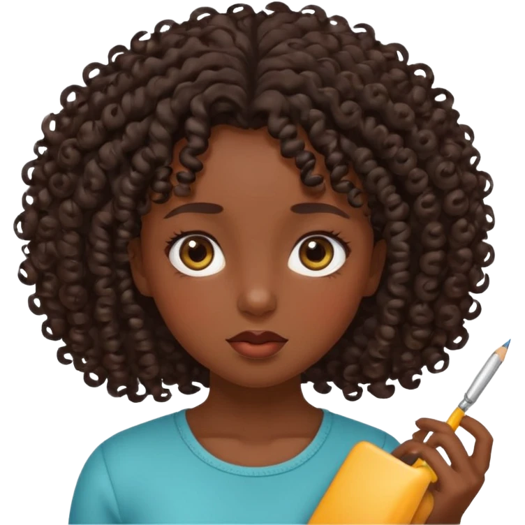 Uma menina de cabelo cacheados morena com os olhos meios puxados fazendo várias coisas emoji