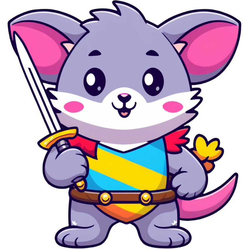A cute pastel colored possum warrior holding a gleaming sword, with rainbow fur, sparkly eyes, and colorful stars around emoji