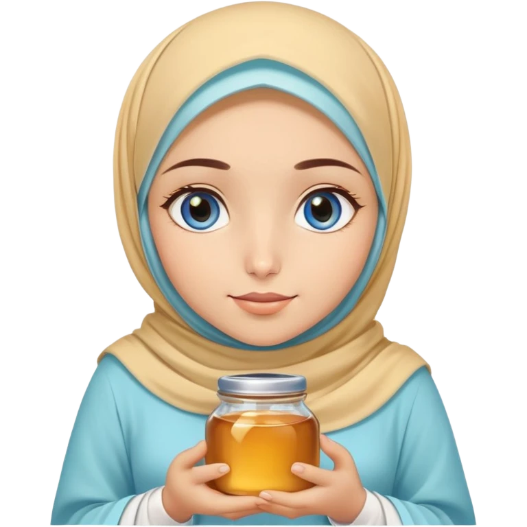 Turkish beautiful finish Konya girl blue eyes with honey pastel hijab islamic dress and had on her hand honey emoji