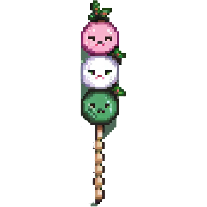 Pixel art Japanese dango skewer with three colorful rice balls in pink, white, and green colors emoji