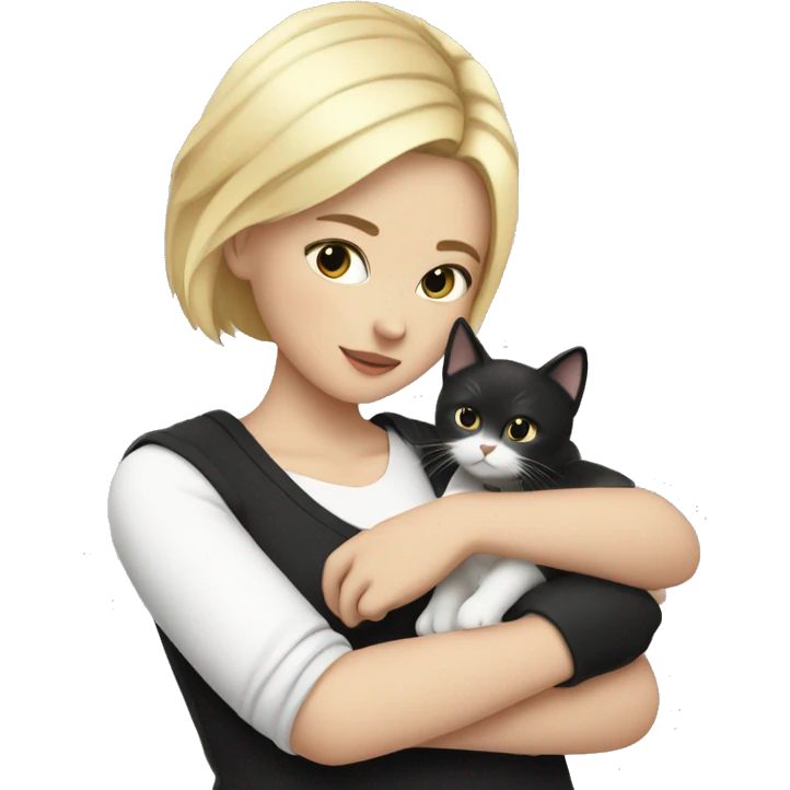 blonde girl with short hair holding a black and white cat in her arms emoji