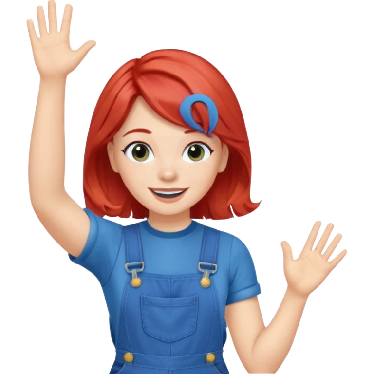 redheaded girl with blue hair, 1960s hairstyle, blue overalls, no text, waving emoji