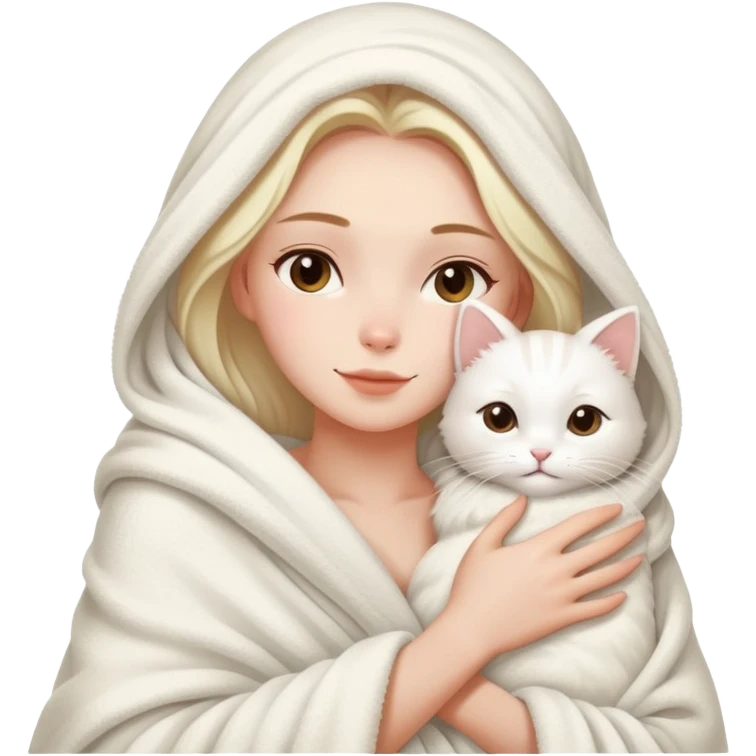 A beautiful woman wrapped in a blanket after taking a bath hugs a white cat emoji