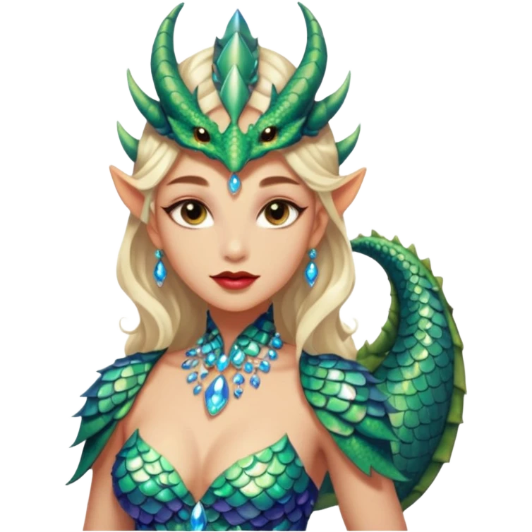 Am amazing blend of a half dragon woman with glittering jeweled scales covering her body. She has large almond shaped eyes, lush lips, and she wears a stunning luminescent gown. emoji