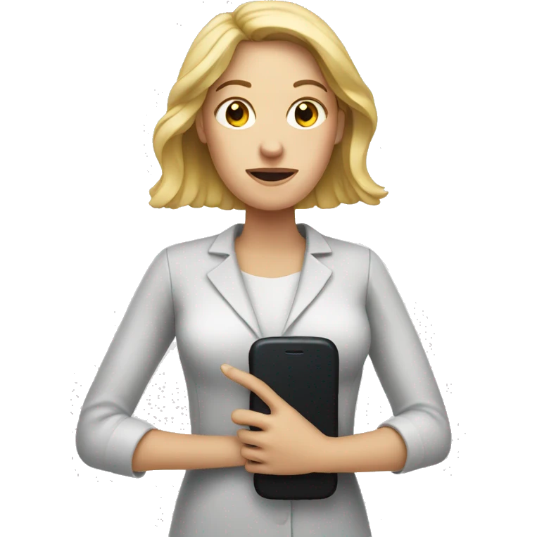 white woman holding big phone emoji