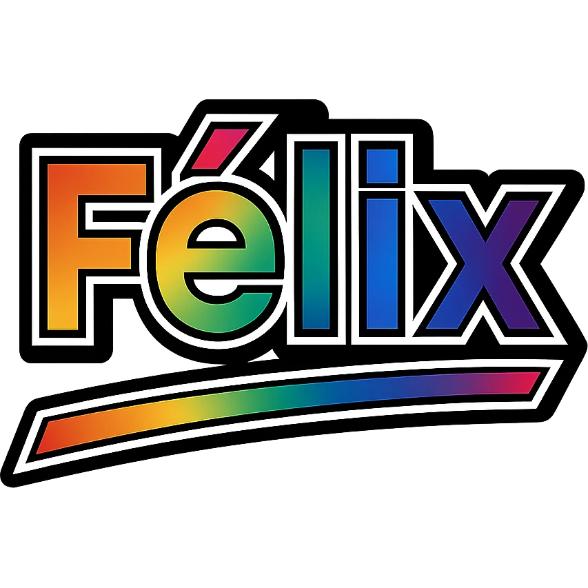 Félix name in masculine, modern gradient font with precise Hungarian characters, dark outline, extra thick, prominent white letter border, dynamic slanted underline, rainbow gradient colors, 1000x1000 px, PNG, transparent background emoji