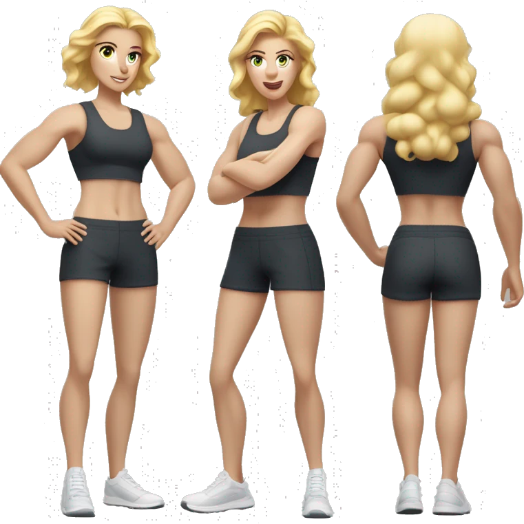 Close up Actively gesturing  with hands Pale skinned Fit woman With the biceps and blonde hair in dark gray Sleeveless Mike, black sports shorts, watch and white Sneakers emoji