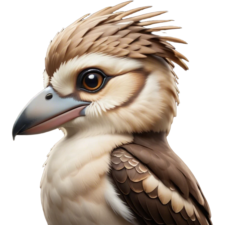 Cinematic Noble Kookaburra Portrait Emoji, Poised and regal, with a stout, robust build and a striking plumage of earthy browns and creams, a strong beak and deep-set soulful eyes, Simplified yet sharp and sophisticated features, highly detailed, glowing with a soft, dignified glow, high shine, intelligent and exuberant, stylized with an air of native woodland majesty, focused and attentive, soft glowing outline, capturing the essence of a watchful and confident bird, so majestic it feels as though it could laugh out of the screen with effortless authority! emoji