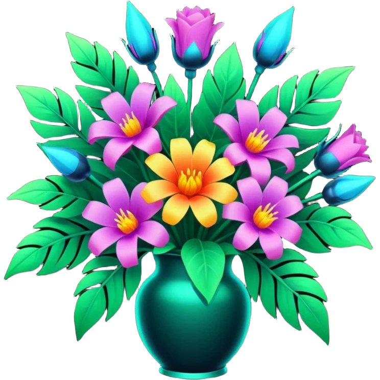  8k.quailty oversized beautiful, vivid? Different shaped, different types, glowing detailed cyberpunk style bouquet of flowers. Must have lush green leaves. Clean thin lines, smooth appearance, no emoji icons, no background, isolated, rendering. emoji