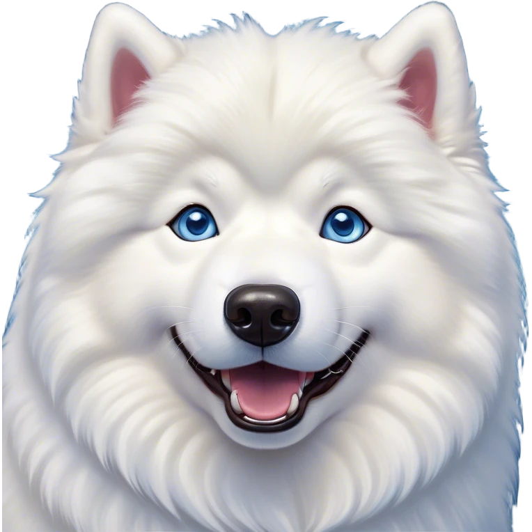 Cinematic Comical Samoyed Portrait Emoji, Head tilted dramatically with an exaggeratedly amused expression, featuring a striking, fluffy white Fur with a radiant sheen, wide, expressive blue eyes filled with playful disbelief, Simplified yet hilariously expressive features, highly detailed, glowing with a slightly sassy glow, high shine, dramatic yet playful, stylized with an air of cheeky mischief, bright and endearing, soft glowing outline, capturing the essence of a spirited and over-the-top companion, so meme-worthy it feels like it could side-eye its way into internet fame instantly! emoji