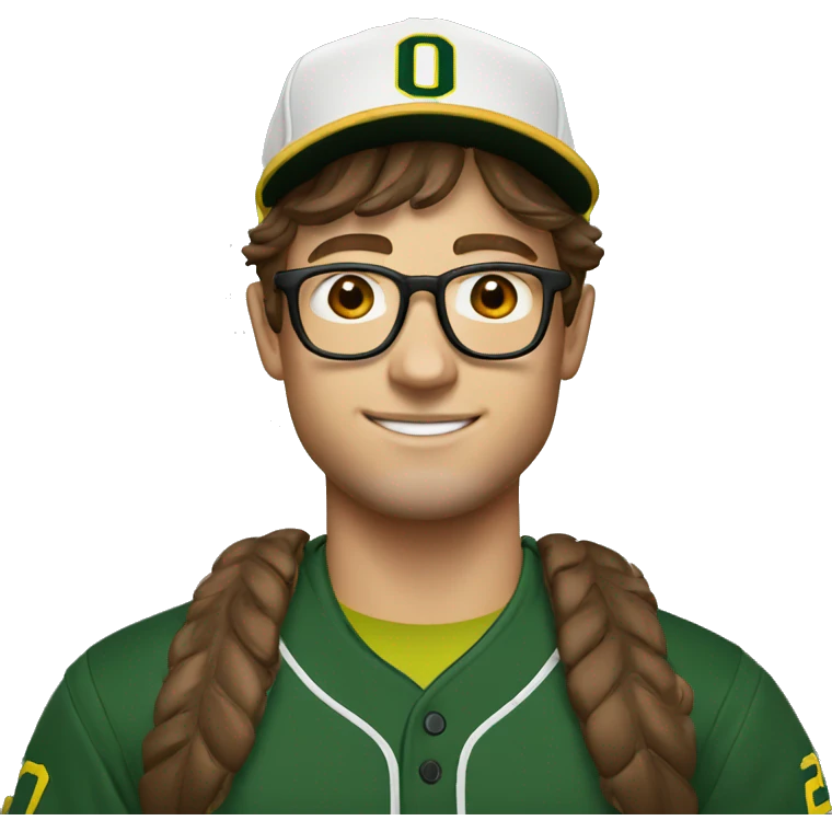 jeremy allen white with brown hair, glasses, and a university of Oregon baseball hat  emoji