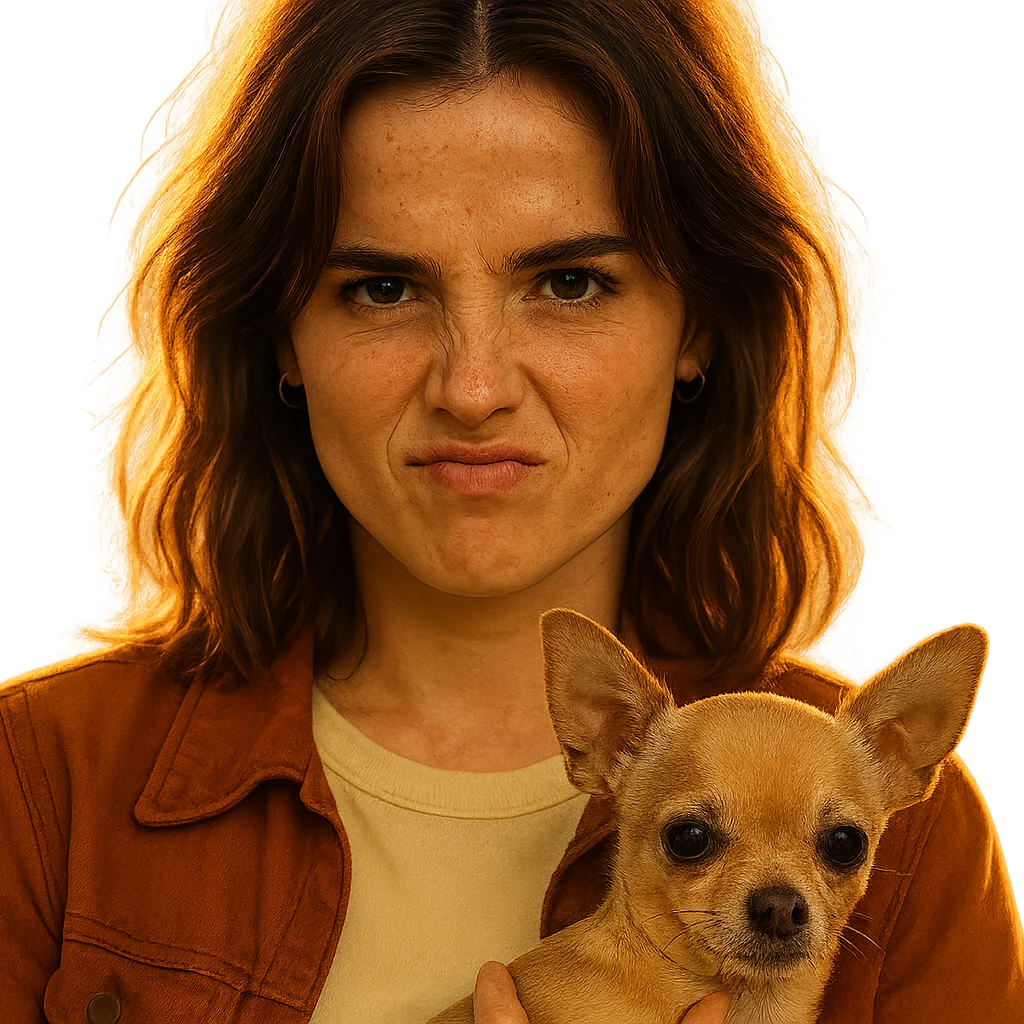 portrait centered of a woman inspired by Zoe Deutch's face, tanned complexion, subtle freckles, rebellious and playful expression, medium-length brown hair with auburn highlights, wearing a shirt color #FFF8CA and a rust-colored jacket, holding a beige-brown chihuahua, golden hour lighting effect, transparent background, Netflix series style emoji