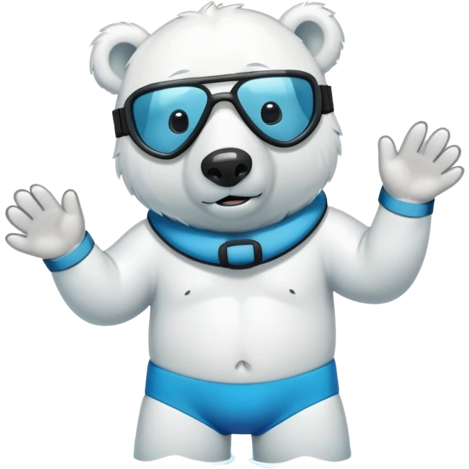 friendly anthropomorphised polar bear standing in a puddle of water, wearing board shorts, scuba mask over eyes, swimming armbands emoji