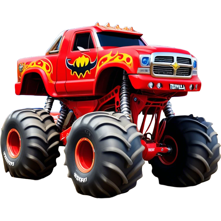 El Toro Loco - Monster Jam (Model Year: 2022) (Iconic colour: Red with horns) - An eye-catching monster truck with a wild, rebellious design in bold red. Include stylized, large horn graphics and aggressive facial elements that evoke a bull-like, ferocious appearance, exuding daring and unstoppable force. emoji