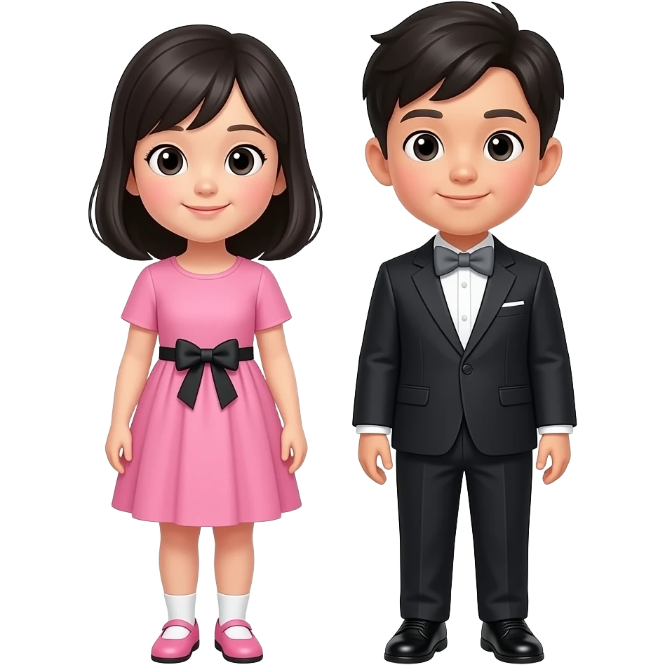 한국인 남매(7세 누나와 3세 남동생, 동생은 누나의 팔꿈치까지의 신장). 왼쪽 누나는 분홍 원피스에 검정리본이 장식되어 있는 원피스를 입고 분홍구두를 신고있어. 머리는 검정색 가슴기장으로 묶지 않고 있어. 오른쪽 남동생은 검정 정장을 입고 회색 나비넥타이를 매고 있고 검정 구두를 신고 있어. emoji