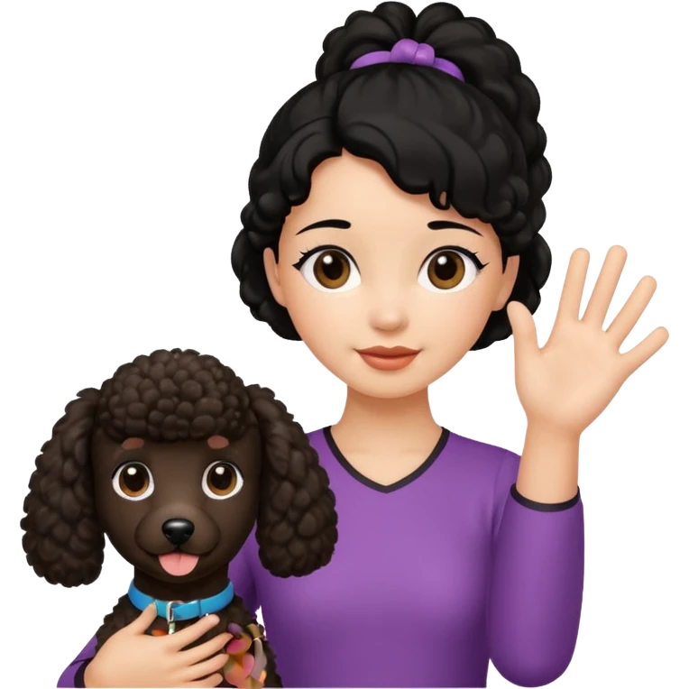 Ponytail black hair girl with brown Poodle say goodbye  emoji