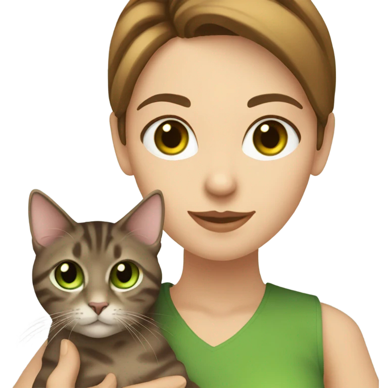 Caucasian women with brown hair and brown eyes holding a tabby cat with green eyes emoji