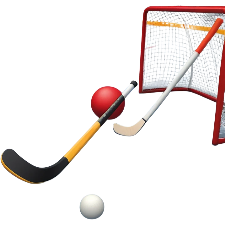 A red ball and hockey stick resting on an ice rink, with the goalposts and clear markings in the background. The scene captures the unique nature of field hockey with a ball on ice, emphasizing the speed and precision of the sport in a cold, competitive atmosphere. emoji