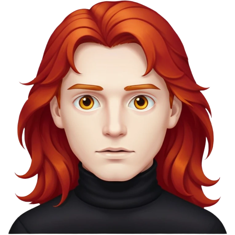 A man with pale skin, golden eyes and longy wavy blood red hair wearing a black wooly turtleneck.  emoji