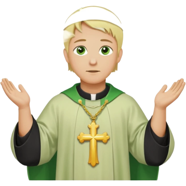 a priest, green eyes, blonde hair, light green chasuble (A wide, flowing, bell-shaped outer robe, without any religious symbols). opening arms, gazing thoughtfully. Soft light, subtle fern. Waist-up, profile. emoji