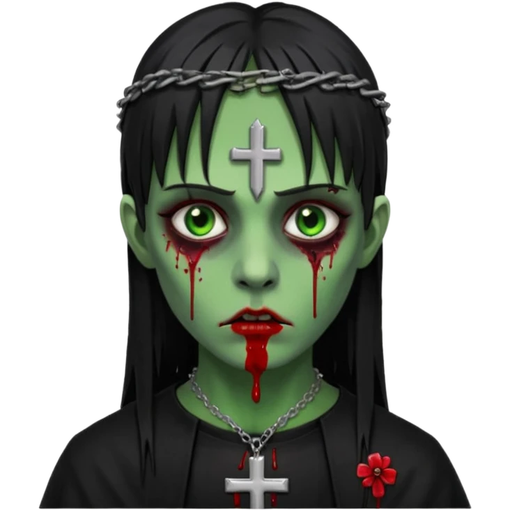 zumbi verde com olhos vermelhos sangrando e franja roupa preta e um crucifixo como colar, sem ser na testa e um piercing no nariz bem feminino a franja reta também  emoji