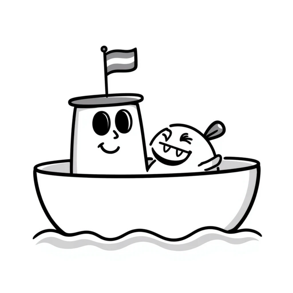 A hand-drawn bath toy boat with a silly grinning face and little flag emoji
