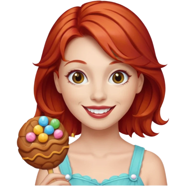 red hair woman with sweet treat accessories, not holding a candy emoji