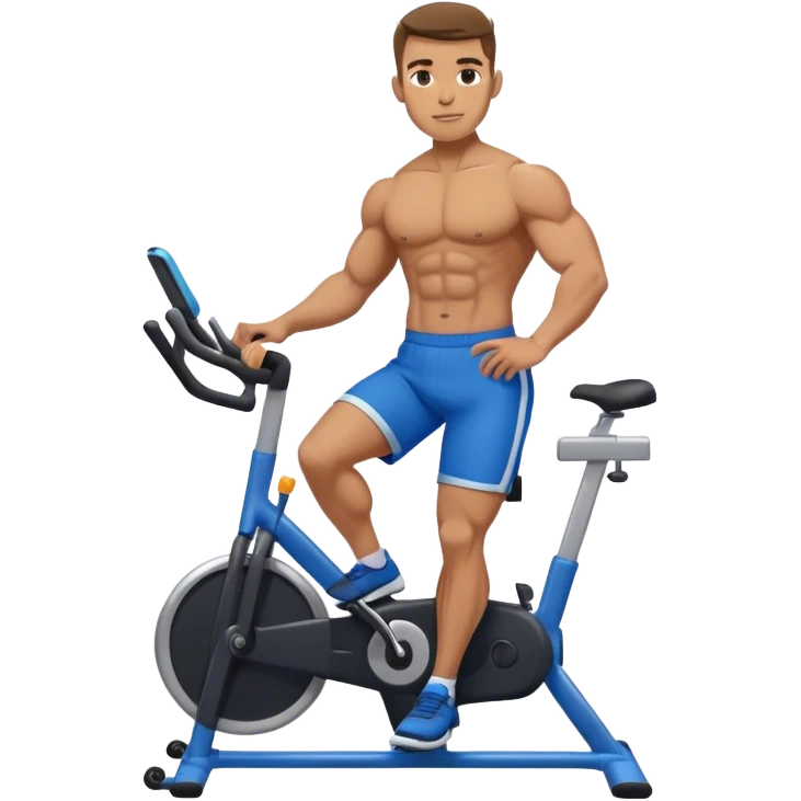 buff guy blue shorts black stationary bike emoji