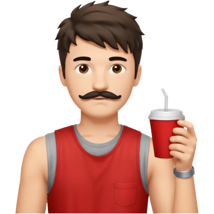 generate an ios genmoji of a fair 20 year guy with black mustache, messy mullet hairstyle, drinking takeaway coffee. wearing a sleeveless red tshirt emoji