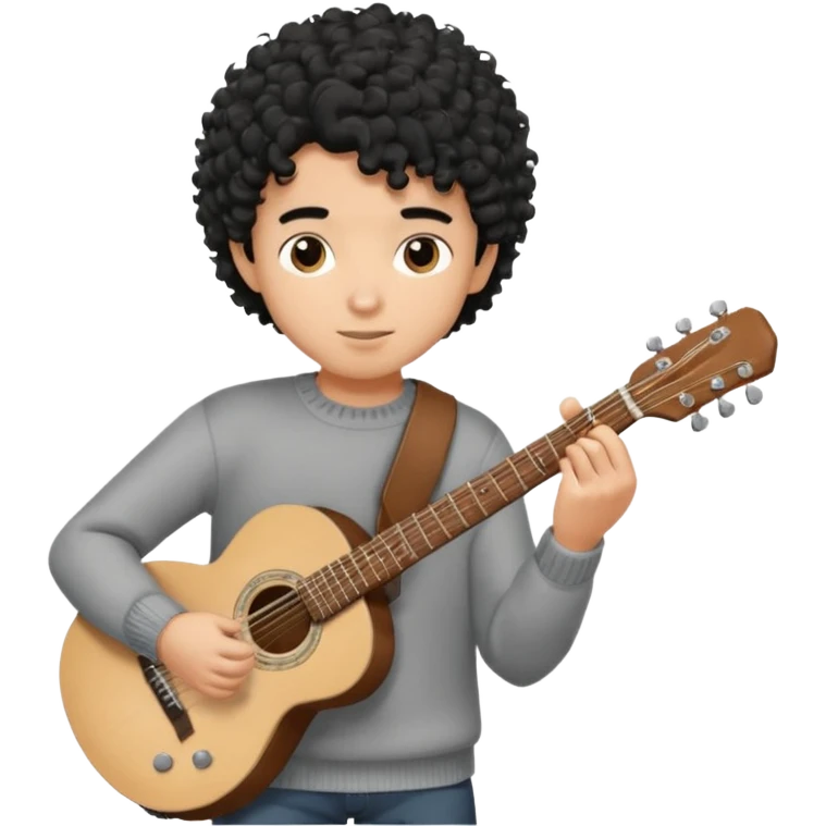 Boy black curly hair grey sweater playing guitar emoji