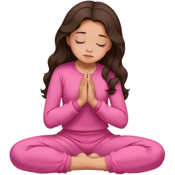 Girl with wavy dark brown hair and slight tan skin praying with a pink outfit on her knees with her eyes closed and side profile  emoji