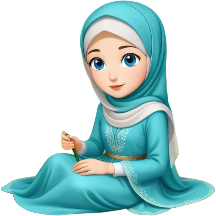 Turkish beautiful finish Konya girl blue eyes with lily flower hijab long tail dress and sits on the grass on the ground and hold lily flower on hand  emoji