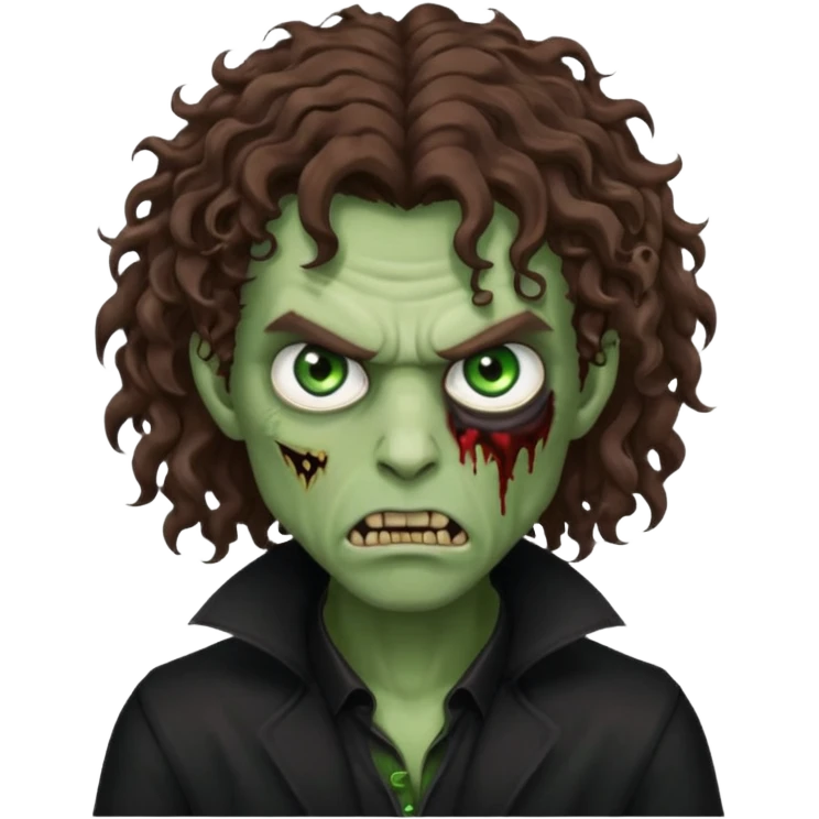 long curly haired male zombie with brown hair color and green eye color, with dark vampire clothes and angry face emotion emoji