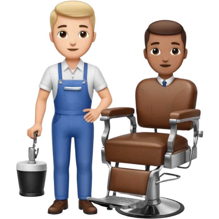virtual assistant character in a small barber shop, standing next to a barber chair emoji