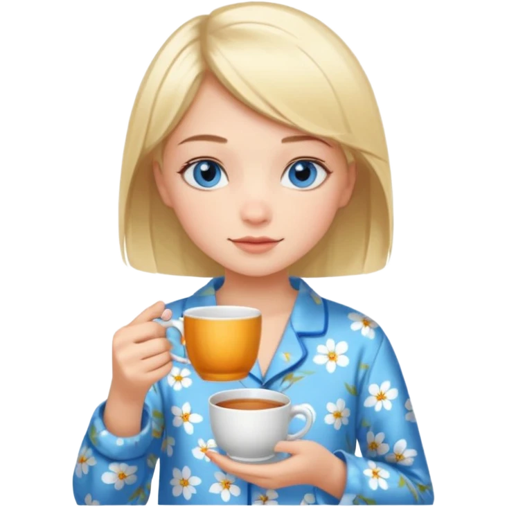 Blue eyed girl with short blond hair in floral pijamas is holding a cup of tea emoji