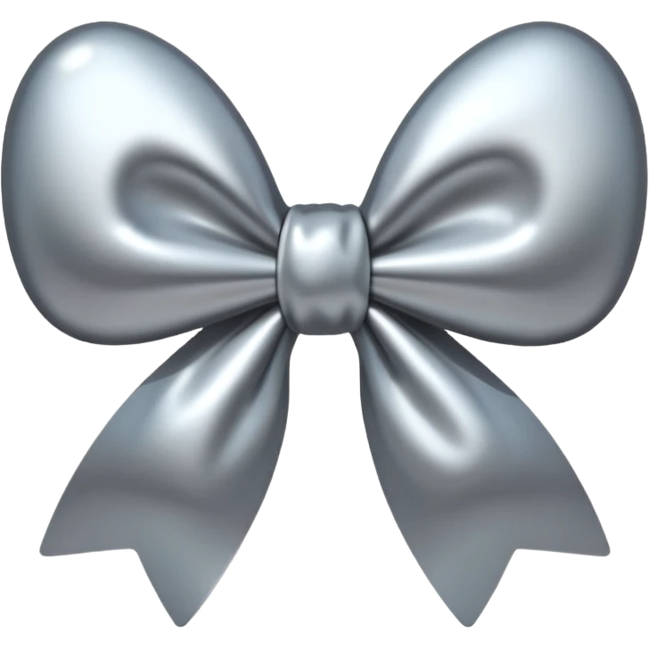 A cute bow emoji made of polished silver chrome, smooth rounded loops, glossy metallic surface, soft mirror reflections, subtle highlights, minimal and adorable proportions, iOS emoji style, centered composition, clean white background, soft studio lighting, no text, no outline, ultra high quality emoji
