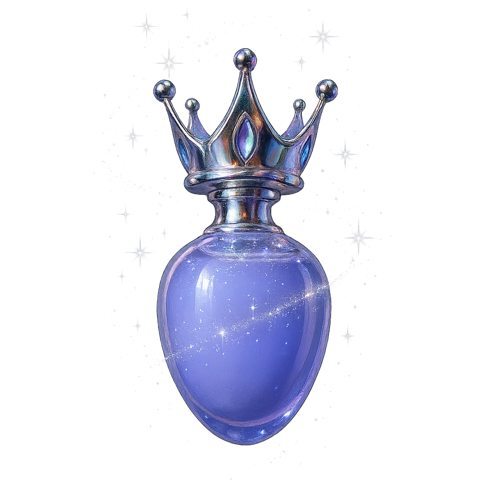final luxury elixir bottle inspired by the reference crown: crown shape on top, color #7986cb, bottom is smoothly rounded and closed, merging with the crown, the whole bottle looks like it's floating and swirling in the air, prominent silver and iridescent details, extra magical sparkles, very small neck, seamless rounded bottom, floating, transparent background, no base or shadow, modern, luxury collection style, even smaller bottle proportions emoji