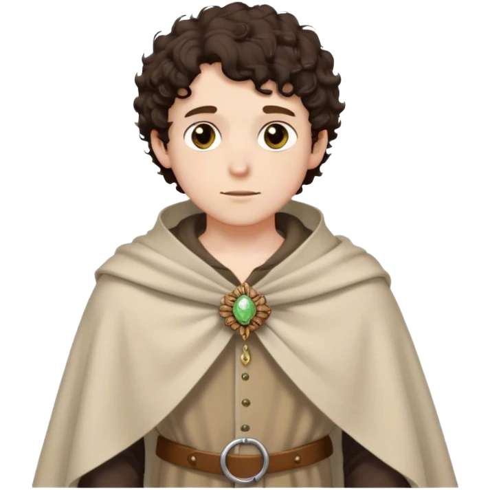 medieval spring outfit worn by a DnD themed fantasy male character. thin wool tunic with a light cloak draped over one shoulder, secured by a wooden brooch. clothes only above the waist. The clothes full waist. The character's haven't arms. character is white-skinned, dark brown hair, hazel eyes, short curly hair. emoji