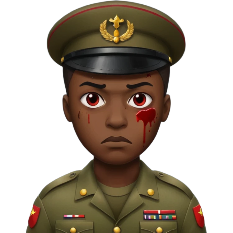 soldier with very dark Senegalese skin, scowling expression, blood splatter on left cheek, Apple 2D emoji style emoji