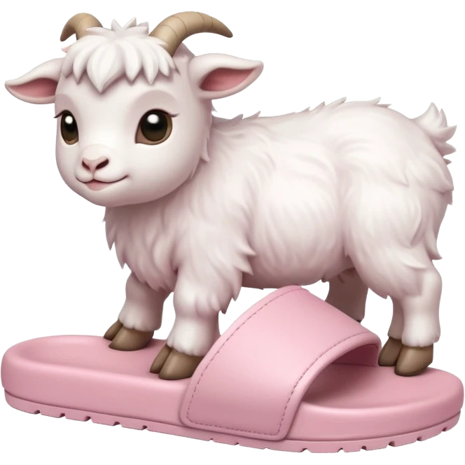 an all white lofi baby goat emoji wearing monochromatic pastel pink chunky slides emoji